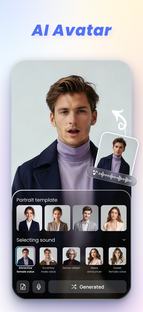 VikPea - AI Video Enhancer - Interface de l'amélioration vidéo IA VikPea pour créer des avatars parlants IA à partir de modèles de portraits avec des options de sélection vocale