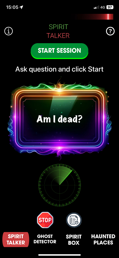 Spirit Whisper - Ghost Talker - Spirit Whisper app interface showing the Spirit Talker feature with a glowing neon frame asking Am I dead and a circular ghost detector radar.