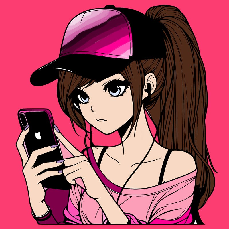 realistic girl with a long ponytail and trucker hat holding an iphone