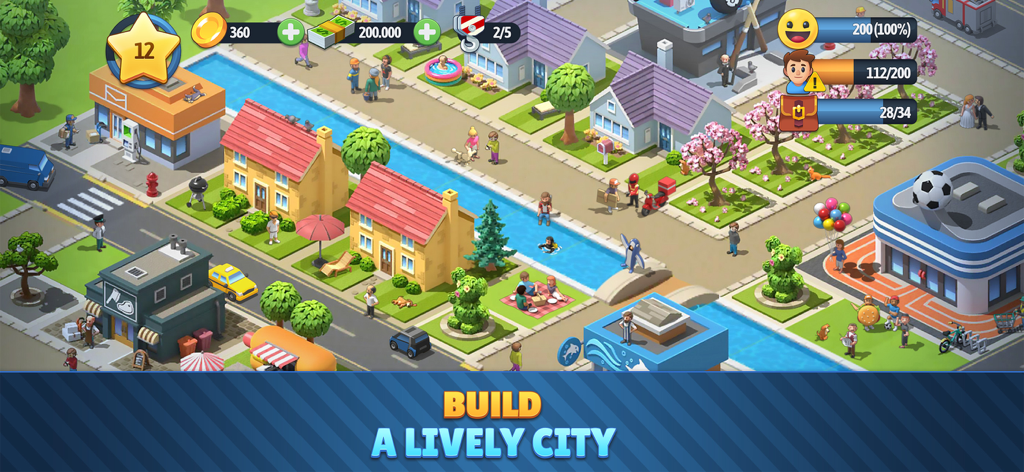 Una escena de ciudad vibrante en City Island 6 que muestra casas coloridas, un río y gente haciendo picnic en un parque.