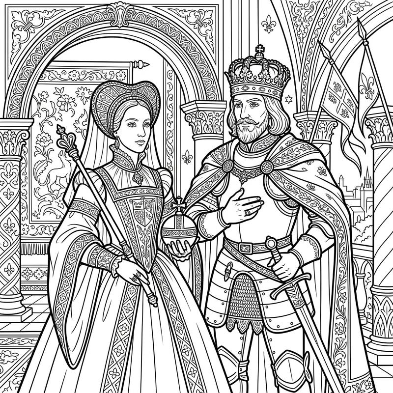 Journey back in time with this captivating coloring page featuring magnificent Renaissance rulers. Teens will love bringing the regal king and queen to life with vibrant colors and intricate historical details.