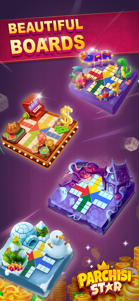 Una colección de tableros de Parchís temáticos y coloridos en la aplicación Parchisi STAR, incluyendo diseños de casino, invierno y de terror