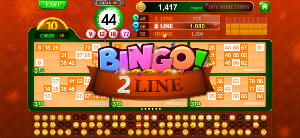 Bingo Solo 90 : 90 Ball Bingo - Captura de tela do jogo Bingo Solo 90 mostrando uma vitória de duas linhas com múltiplas cartelas e números de bola