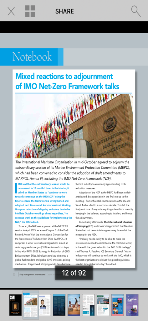 Ship Management International - A news article page in the Ship Management International app discussing IMO Net-Zero Framework talks and maritime regulations.