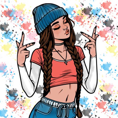 realistic teenage girl with braids and a beanie and crop top doing 🫶🏼