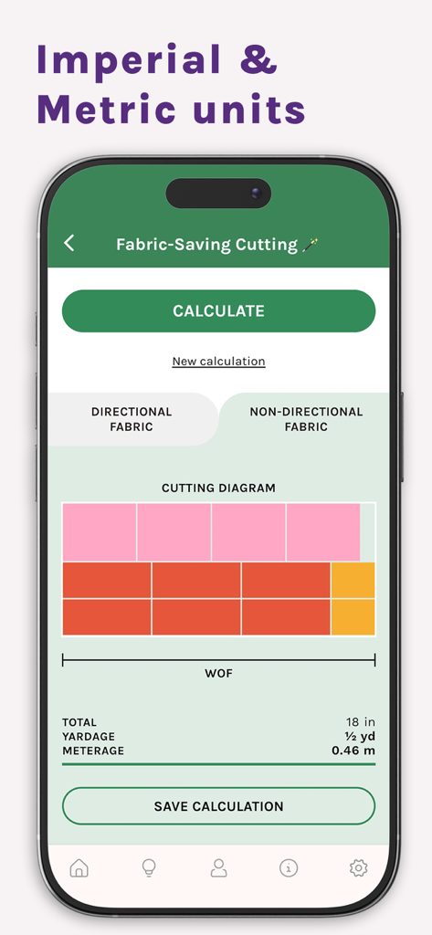 Quilt Geek Quilting Calculator - Quilt Geek app showing fabric cutting diagram with imperial and metric units