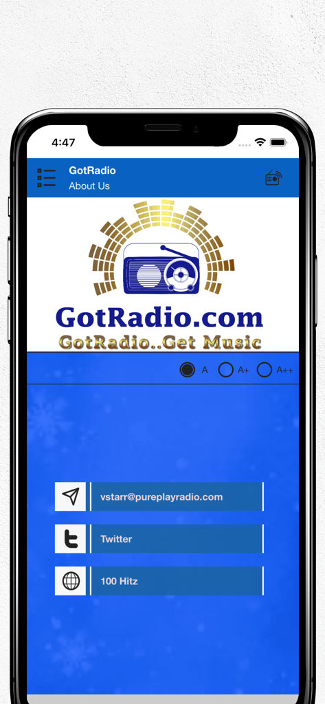 GotRadio.com - GotRadio mobile app about us page showing the logo and contact information