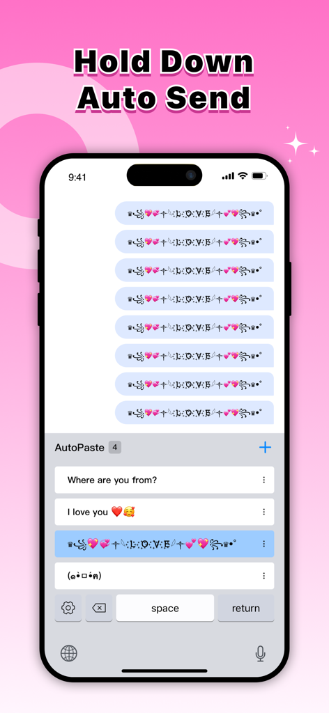 Stylish Font for Keyboard - iPhone screenshot showing the auto send and autopaste features for fancy fonts and decorative symbols in a chat app