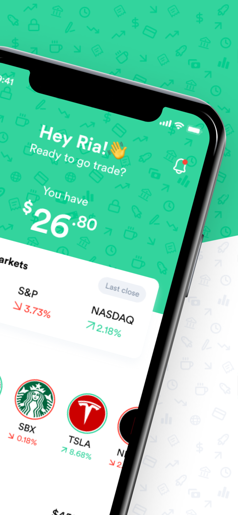 Gotrade - Invest in US stocks - Gotradeモバイルアプリのインターフェース。株ポートフォリオと市場パフォーマンスを表示。