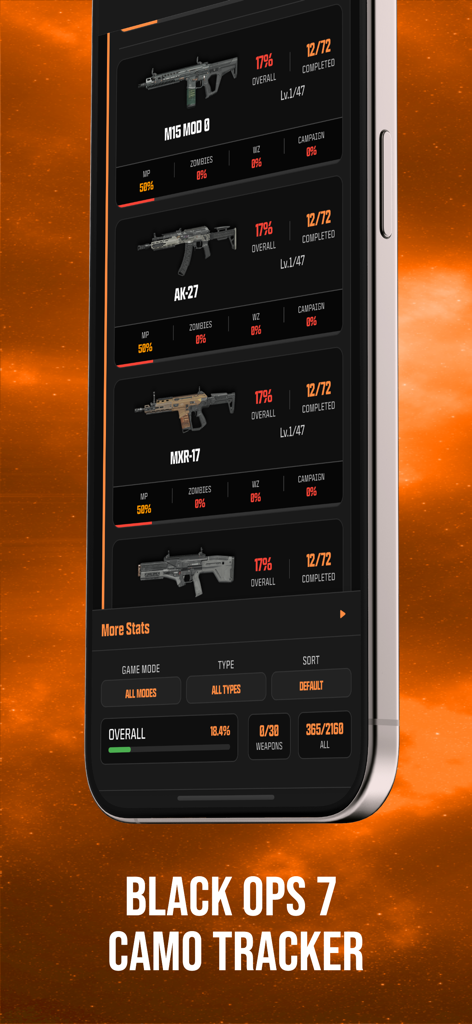 BO7 - Camo Tracker - BO7 Camo Tracker app displaying weapon statistics and completion progress for Black Ops 7
