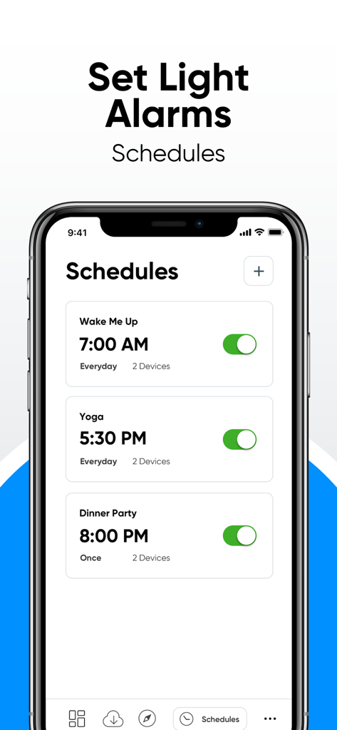 Nanoleaf - Nanoleaf app interface showing scheduled light alarms for wake up yoga and dinner party