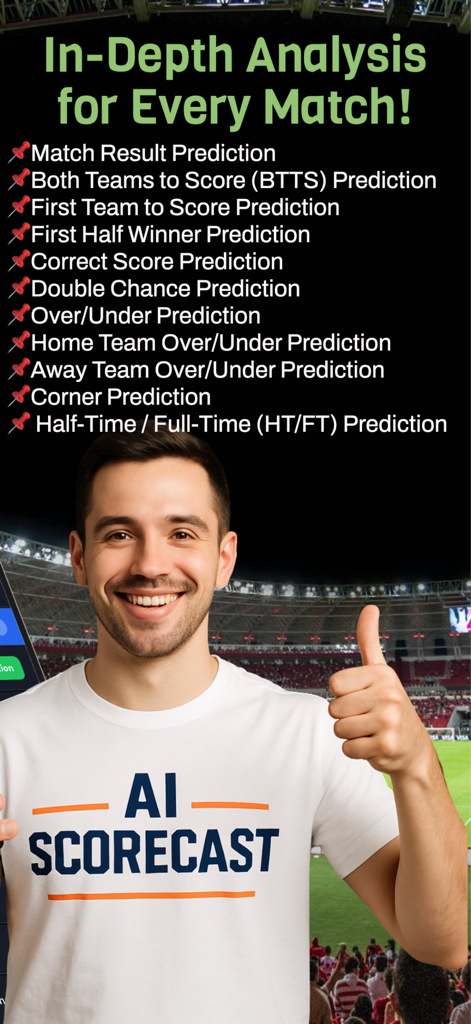 AI ScoreCast PRO - Eine Liste von tiefgehenden Sportspielanalysen und Vorhersagefunktionen, die von der AI ScoreCast PRO App angeboten werden