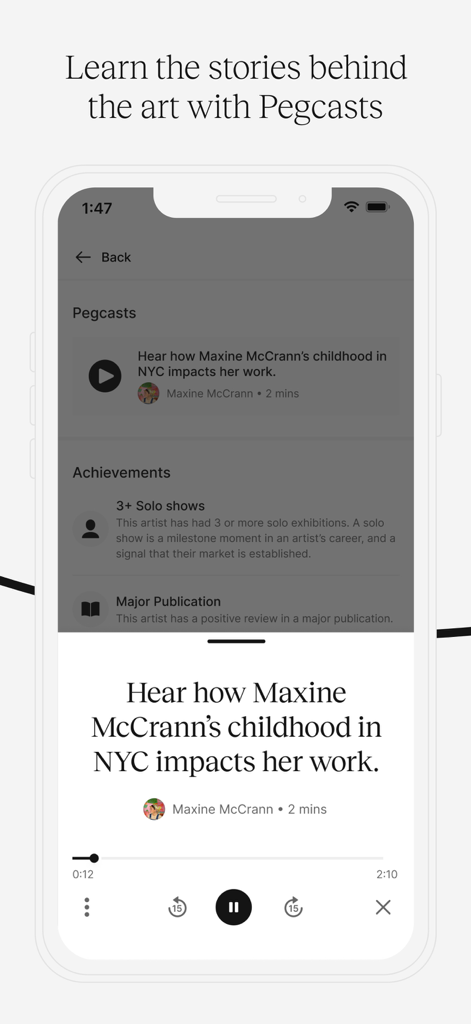 Peggy - Buy and Sell Art - A mobile interface for Peggy app featuring an audio player for artist interviews called Pegcasts