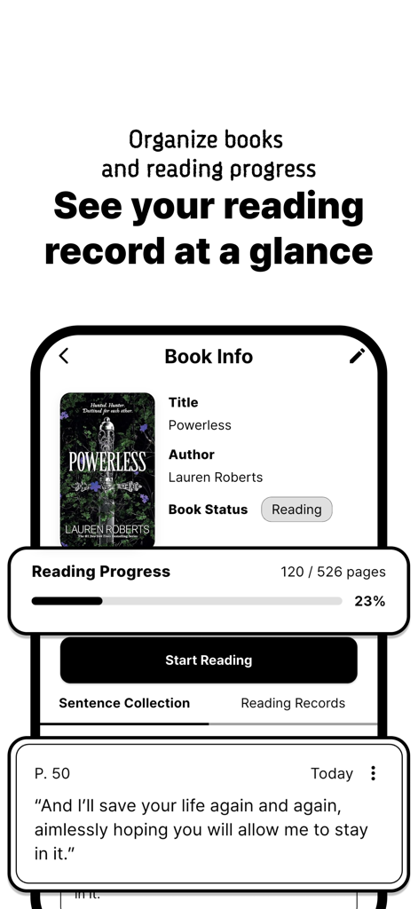 Reading progress screen in Cats Library app showing book status and saved sentence collection