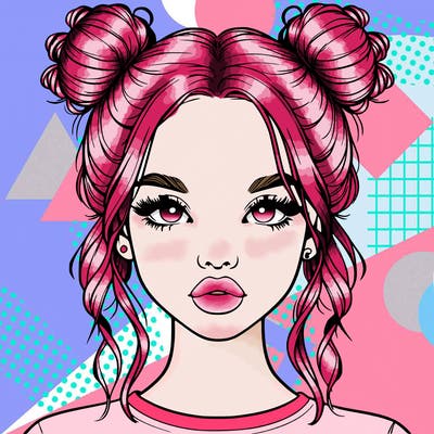 realistic girl with two buns in hair and lips