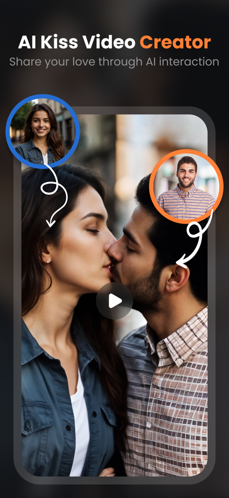 AI Kissing Video Generator - AI Kissing Video Generator interface showing a couple kissing created from two separate profile pictures