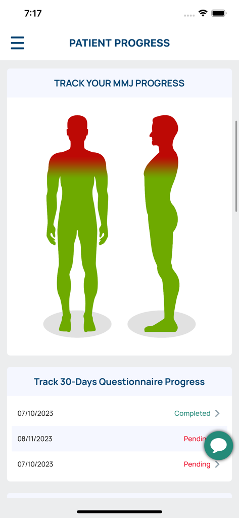 The Doc App - A patient progress screen in The Doc App showing a body map for MMJ tracking and a list of medical questionnaires