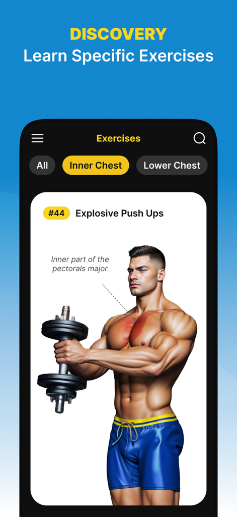 Chestify - AI Fitness Workout - Chestify app screen demonstrating an inner chest exercise with 3D muscle mapping.