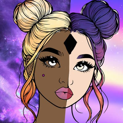 realistic girl with two buns on her hair and lips