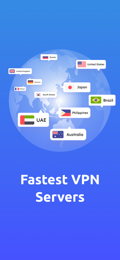 VPN Super -Fast & Secure - A globe illustration showing various international server locations for the VPN Super app including USA UK and Japan