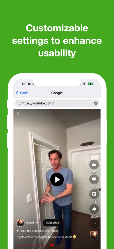 Smartphone screen showing the ubrowser app with a youtube video and text about customizable settings.
