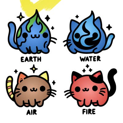 4 cats that represent the different elements, earth, water, air, and fire