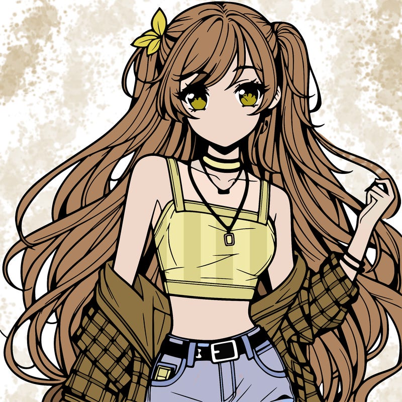 hot anime girl with long hair wearing a crop top and jorts