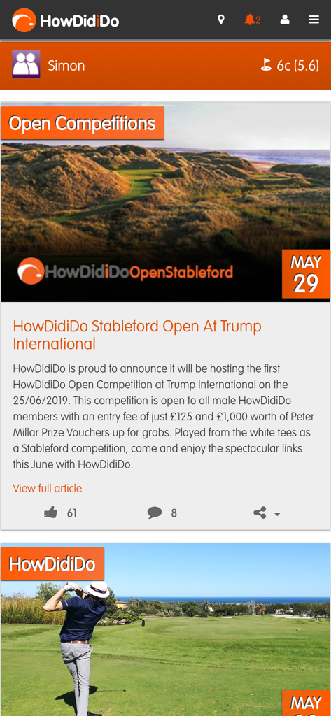 HowDidiDo App - HowDidiDo mobile app interface displaying golf competition announcements and news feed