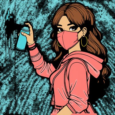 realistic girl with mask spray painting a wall