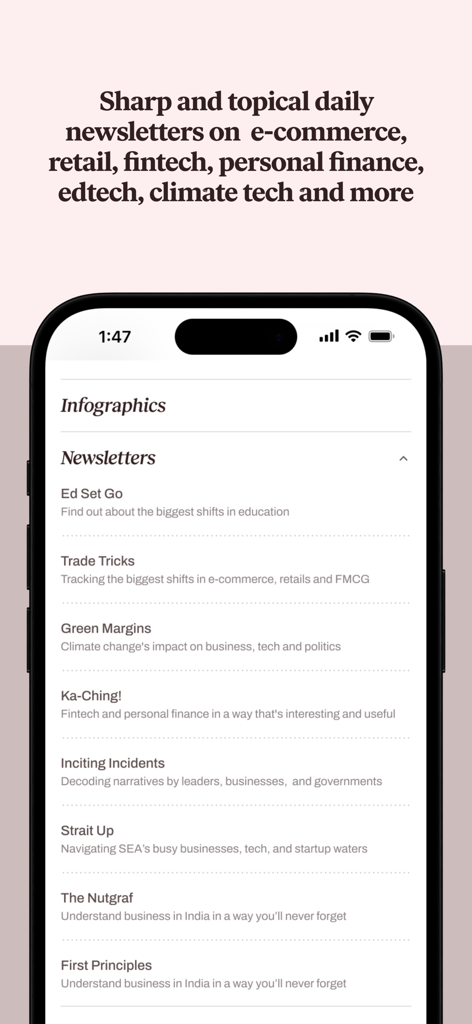 Interface de l'application The Ken présentant une liste de newsletters quotidiennes sur les affaires et la technologie.