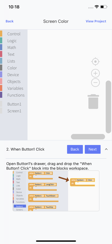 Thunkable Live - Tutorial interface in the Thunkable Live app showing how to drag and drop code blocks for a button click event