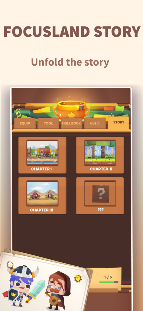 Pantalla de la aplicación Focus Quest que muestra el modo historia de Focusland con múltiples capítulos y personajes del juego.