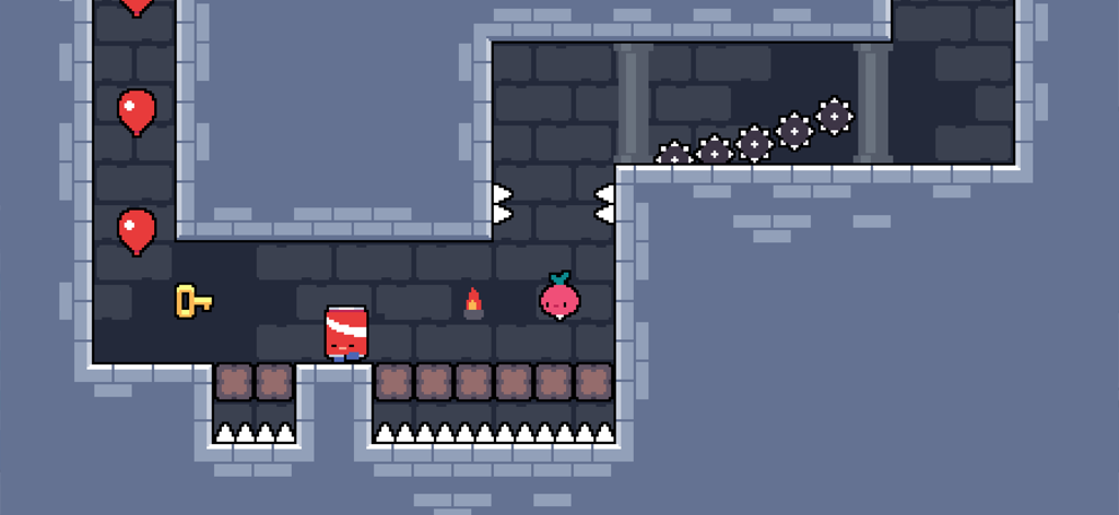 Dadish - A radish character in a retro pixel art dungeon level with spikes and a soda can enemy