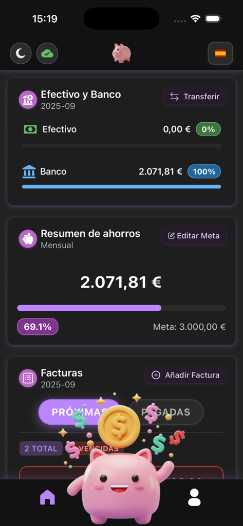 Pantalla de la aplicación Hero Budget con el progreso de las metas de ahorro y los saldos de las cuentas