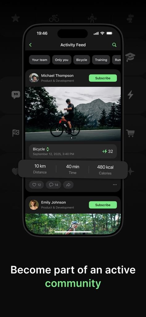 Stayfitt - Stayfitt App Aktivitätsfeed zeigt eine Community für betriebliches Wohlbefinden, in der Mitarbeiter Fitnessaktivitäten wie Radfahren teilen.