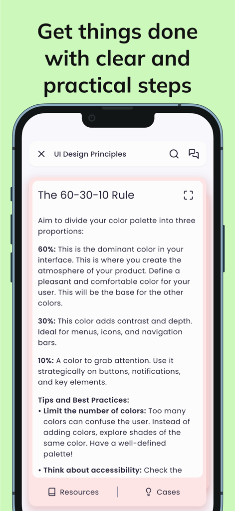X Decks – UX/UI Cards & Tools - Pantalla móvil mostrando una tarjeta de principios de diseño de UI para la regla de color sesenta treinta diez