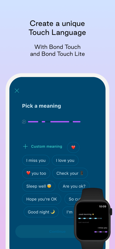 Interfaz de la aplicación Bond Touch que muestra la personalización del lenguaje táctil con frases predefinidas y un Apple Watch mostrando un mensaje táctil