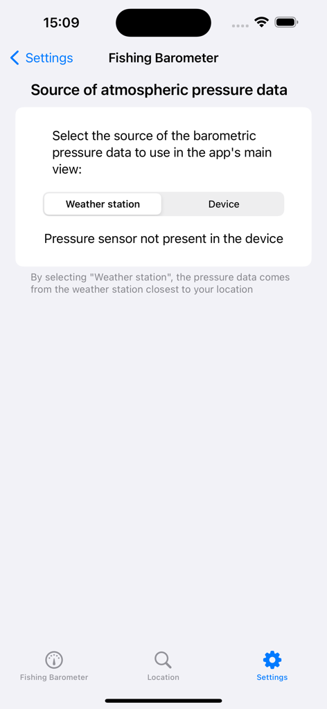 Fishing Barometer - Fishermen - Fishing Barometer app settings screen for choosing between weather station or internal device sensor data.