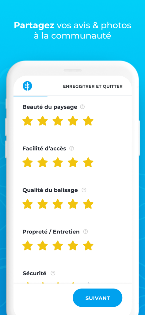 Helloways - GPS de randonnée - Pantalla de la aplicación Helloways para calificar la belleza y accesibilidad del sendero