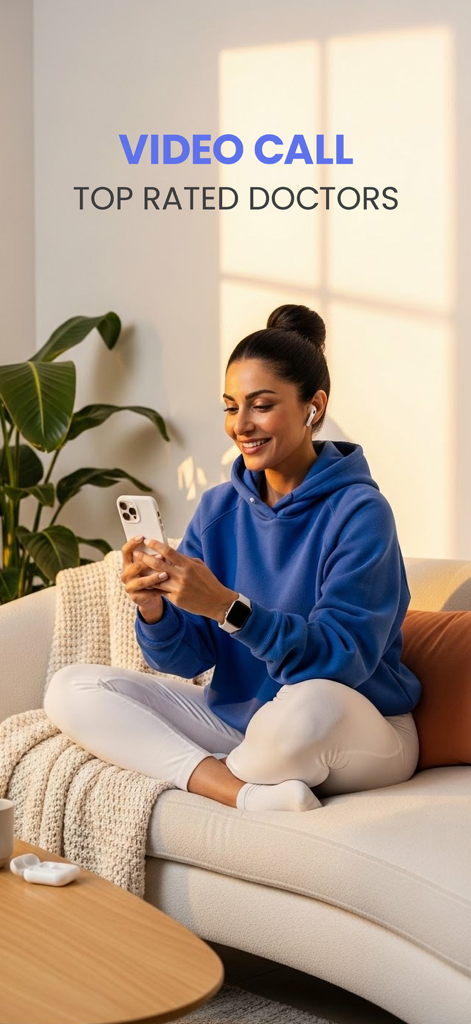 Sina: Online Doctor Video Call - A woman smiling while using her smartphone for a video call consultation with a top rated doctor on the Sina app