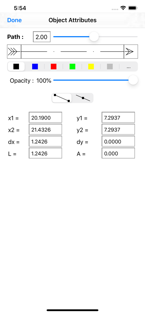 iPocket Draw Lite - Pantalla de atributos de objeto en iPocket Draw Lite que muestra configuraciones de línea y entradas de coordenadas precisas