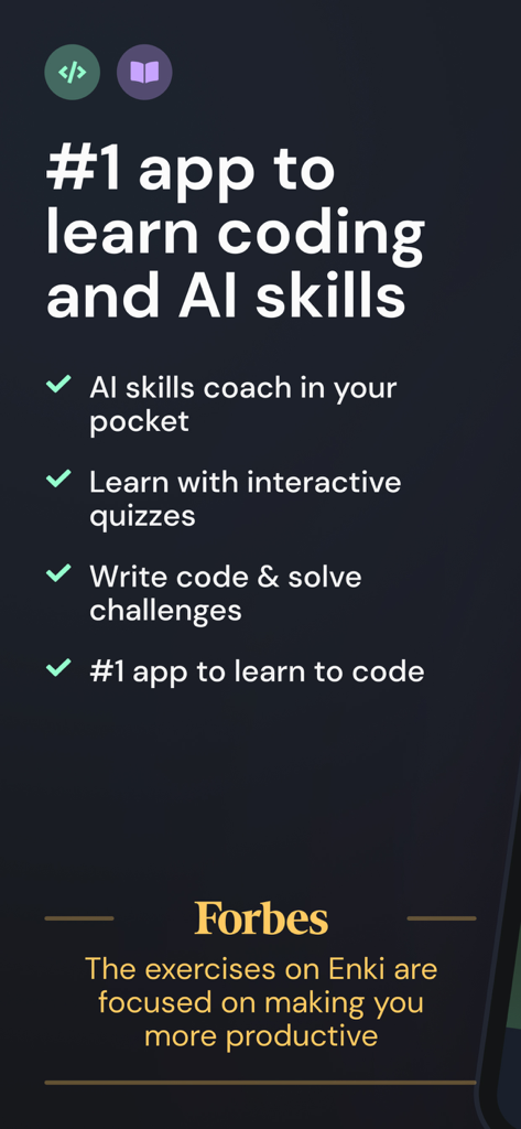 App screen showing Enki features for learning coding and AI with Forbes recommendation