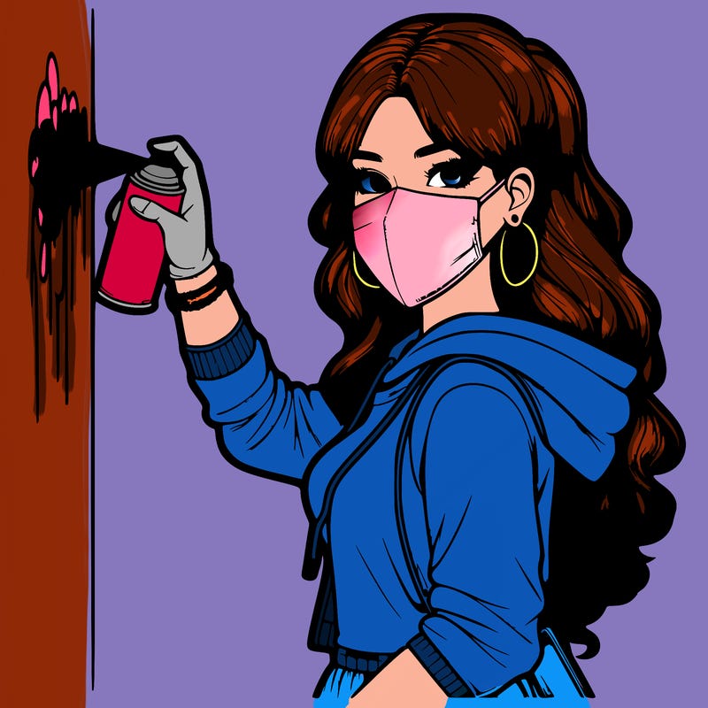 realistic girl with mask spray painting a wall