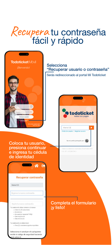 Todoticket - Step by step guide on how to recover a user or password in the Todoticket mobile app