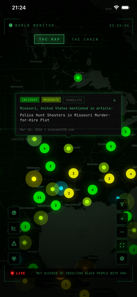 Tactical global map interface of the World Monitor app showing real-time incident markers and data clusters.
