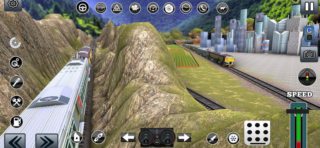 Rails Express Train Simulator - A 3D train simulator showing futuristic trains traveling through a mountain pass towards a modern city with high-rise buildings