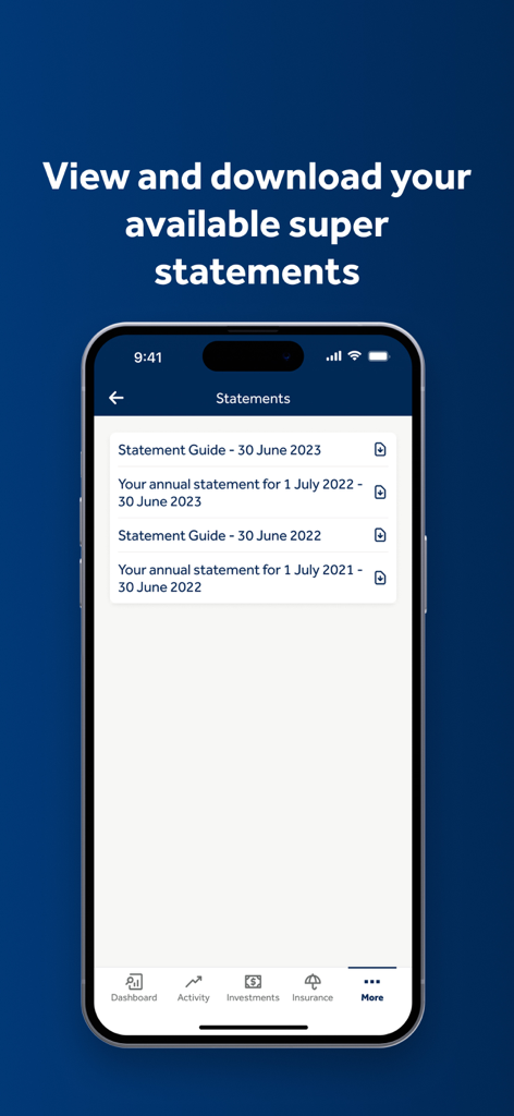 Tela de extratos de superannuation do aplicativo Hostplus mostrando uma lista de extratos anuais de superannuation disponíveis para download