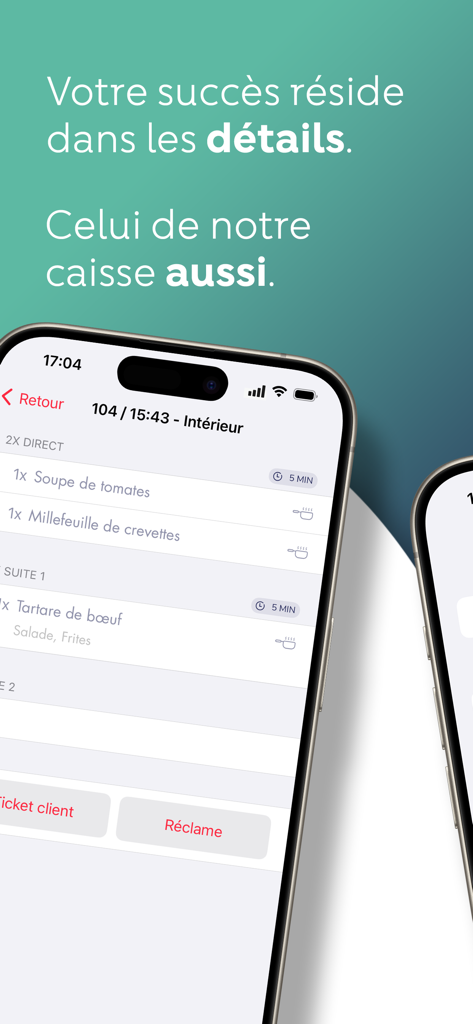 Interface de l'application TPE L'Addition Suite sur iPhone affichant les commandes de restaurant et les articles alimentaires