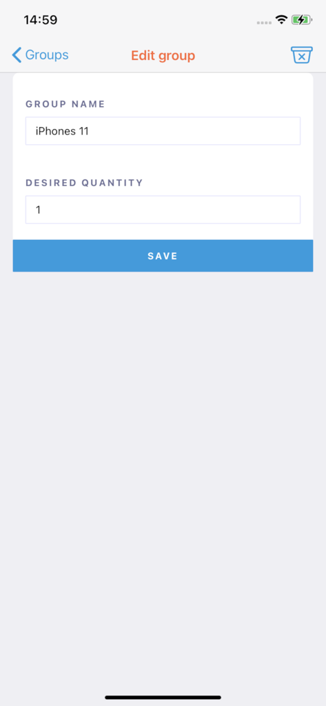 Interface for editing a bidding group in the Baytomat app showing fields for group name and desired quantity.