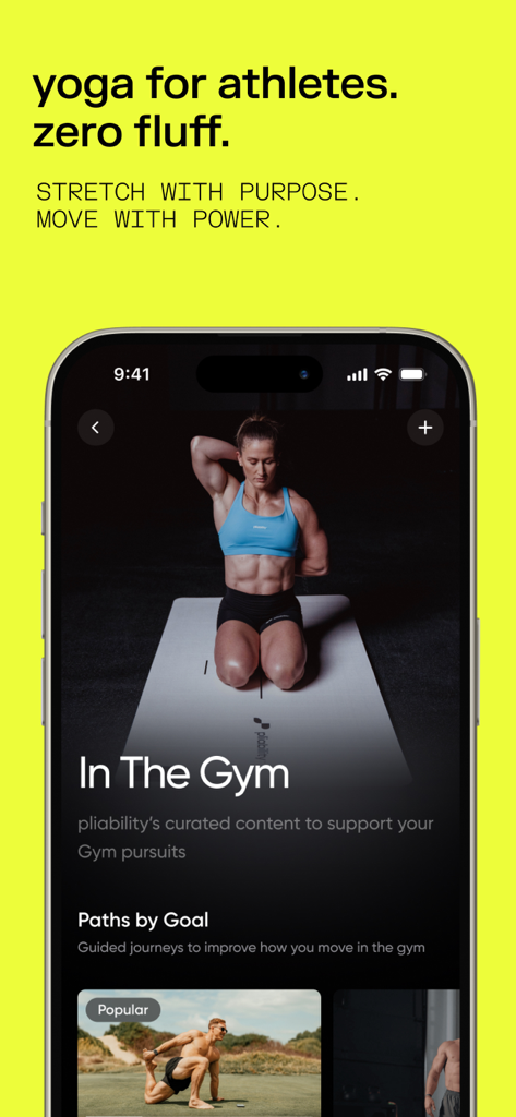 pliability: stretch + mobility - Pliability app interface showing a gym-focused mobility routine for athletes with a minimalist design.